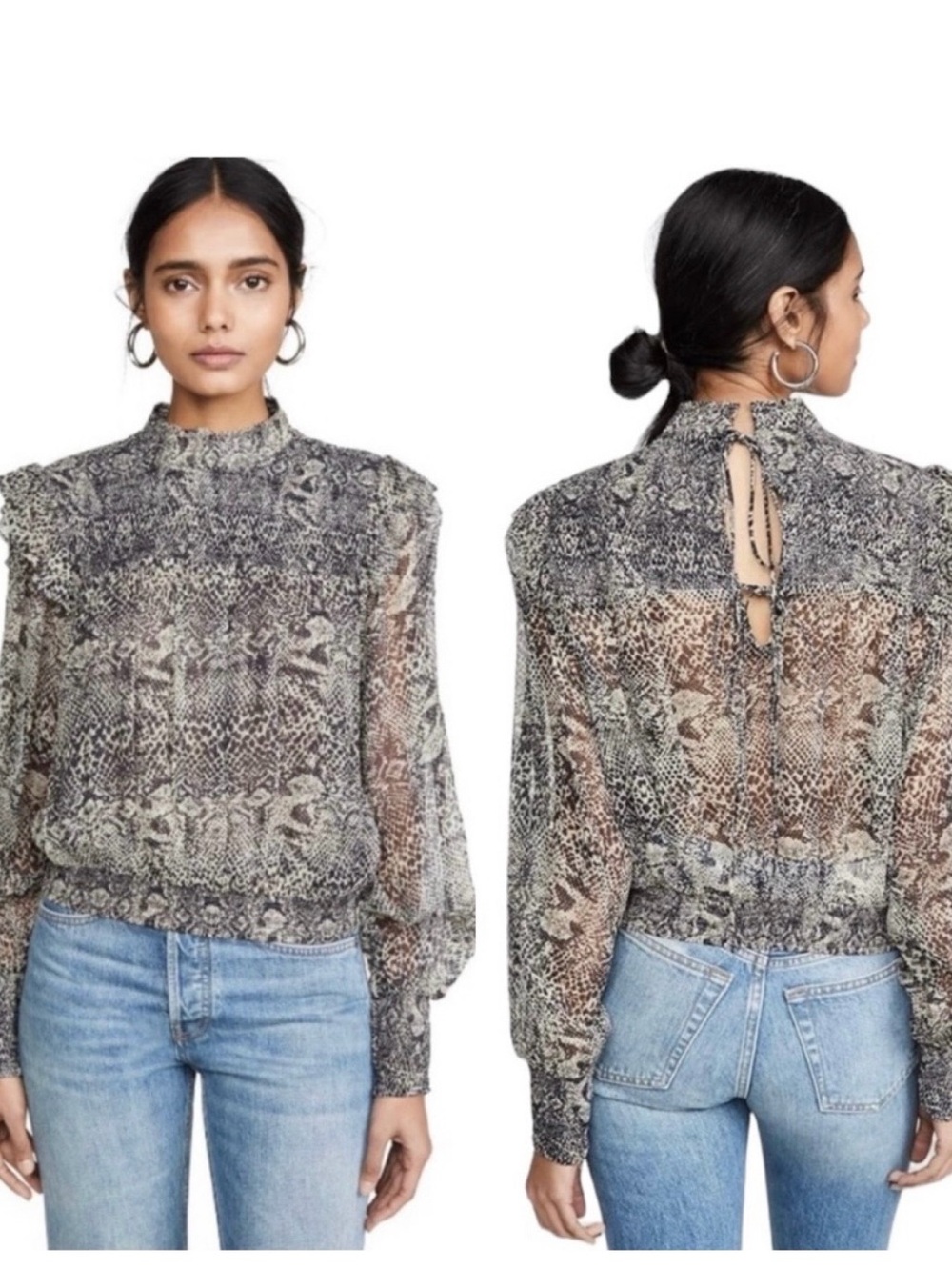Free‎ People Roma Smocked Tie Back Puff Sleeve Top Snakeskin Black Grey Small